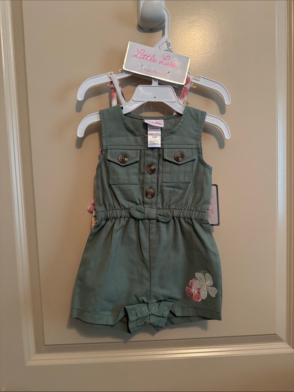 Little Lass Olive Green Sleeveless Romper with and romper with Floral design